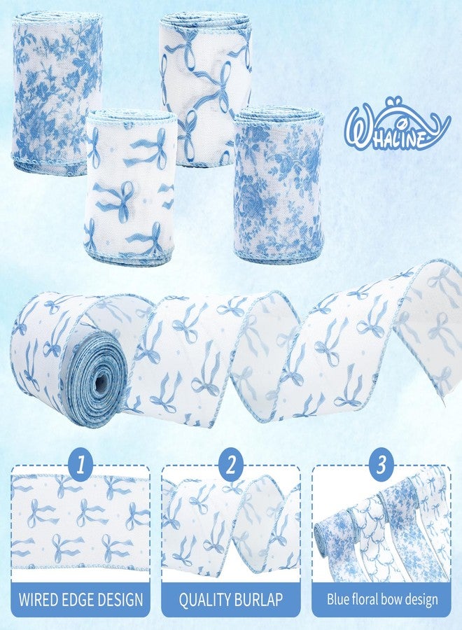 وولاين شريط زينة أزرق من Whaline، مزين بفيونكة وزهور، بحافة سلكية، طوله 24 ياردة وعرضه 2.5 بوصة، بنمط صيني مزخرف بالزهور، مثالي لتزيين أكاليل الزهور، والأعمال اليدوية، وحفلات الزفاف، وحفلات توديع العزوبية، وتغليف الهدايا. - Image 3